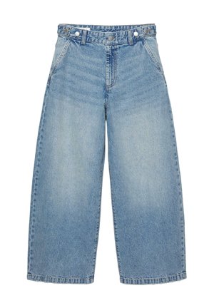 Svetlo modre široke kavbojke z visokim pasom, sprednjimi žepi, zapiranjem na gumb in zanke za pas.