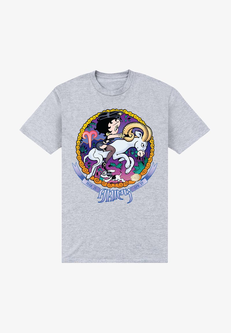 Betty Boop iført sort tøj rider på en hvid vædder med krøllede horn, Vædder-symbolet og datoerne 21. marts-19. april, på en grå t-shirt.