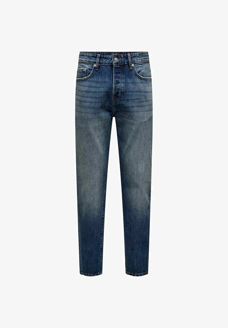 Jeans blu scuro con gamba affusolata, realizzati in denim. Presentano cinque tasche, un bottone frontale e un leggero sbiadimento vicino alle cosce.