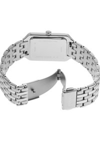 Montre-bracelet en acier inoxydable avec un boîtier rectangulaire, design de bracelet à maillons, finition polie et une fermeture sécurisée. Marquages au dos du boîtier.