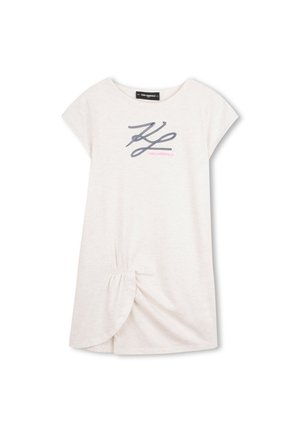 Witte korte mouwen jurk met knoopdetail bij de zoom en marineblauw cursief "KL" logo boven kleine roze "KARL LAGERFELD" tekst.