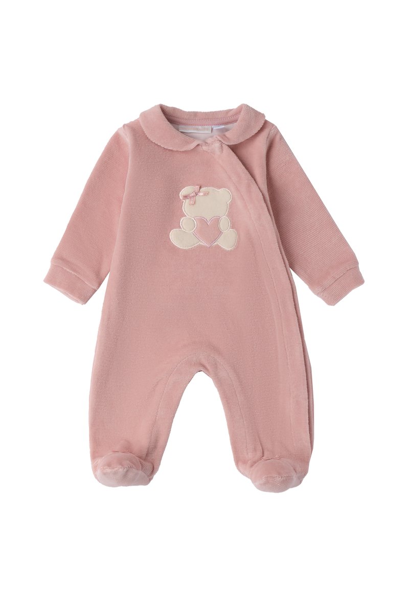 Imbracatura rosa in pile per neonati con maniche lunghe, caratterizzata da un design di orsetto ricamato sul petto e morbidi pantaloni con i piedi.