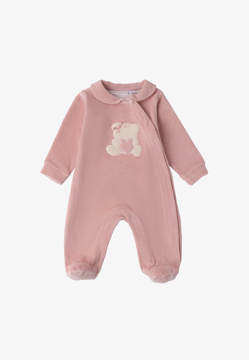 Imbracatura rosa in pile per neonati con maniche lunghe, caratterizzata da un design di orsetto ricamato sul petto e morbidi pantaloni con i piedi.