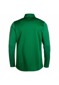 Langsleeve shirt van effen groene stof met een gladde textuur, hoge kraag en een licht gebogen zoom. De achterkant heeft een minimalistisch ontwerp.