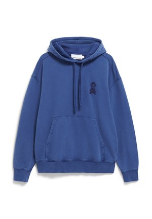 Haut à capuche bleu en tissu mélange de coton. Présente une poche avant, une capuche avec cordon de serrage et un écusson en relief sur la poitrine.