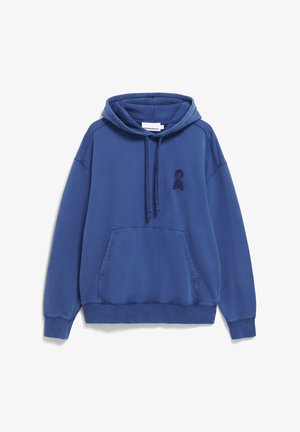Blaues Hoodie aus einem Baumwoll-Mischgewebe. Verfügt über eine Fronttasche, eine Kapuze mit Kordelzug und ein strukturiertes Logo-Patch auf der Brust.