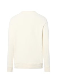 Ein schlichter, cremefarbener, langärmeliger Pullover, von hinten gezeigt, mit gerippten Bündchen und Saum sowie einem normalen, runden Halsausschnitt.