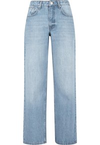 Light blue high-waist straight-leg denim jeans with front button, zipper, two front pockets, and belt loops.