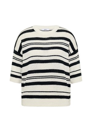 Pull en maille crème avec des rayures horizontales noires et des manches aux coudes, col rond et ourlet côtelé.