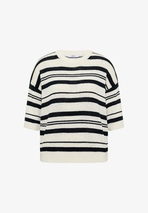 Maglione in maglia color crema con righe orizzontali nere e maniche a metà gomito, con scollo tondo e orlo a coste.