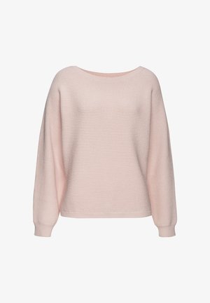 Helles rosa gestricktes Sweatshirt mit weitem Carmen-Ausschnitt und langen, leicht puffigen Ärmeln. Verfügt über eine gerippte Textur im gesamten Design.