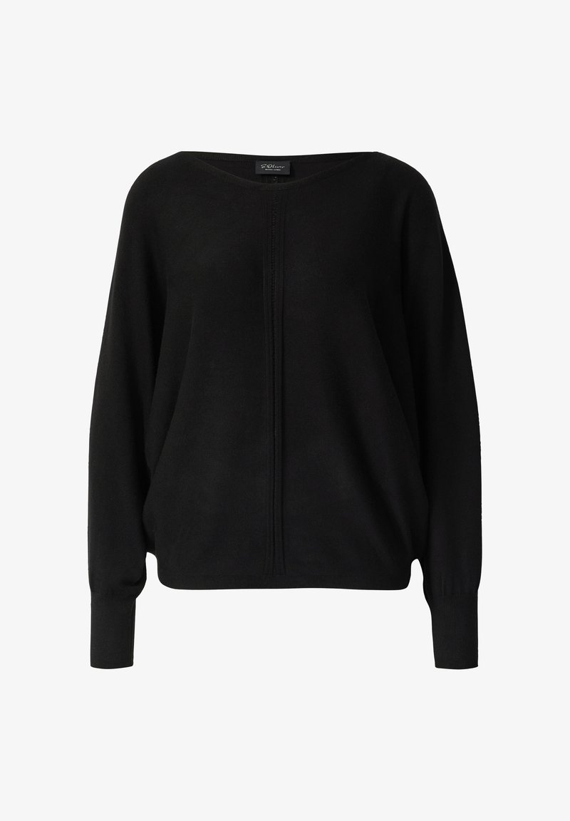 Crni pulover dugih rukava s širokim izrezom, središnjim šavom i rebrastim manžetama na jednostavnoj bijeloj pozadini.