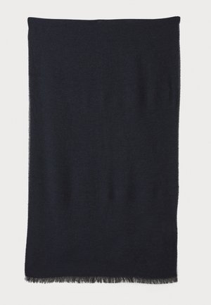 Dark navy blue scarf featuring a soft texture and fringed edges, made from warm fabric, suitable for cold weather use.