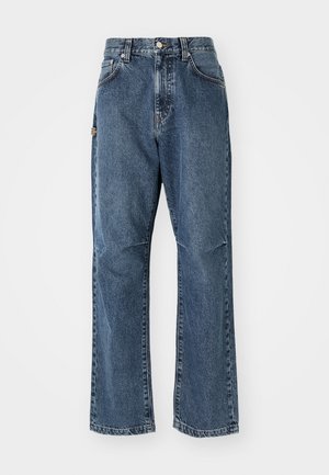 Blue denim jeans with a high waist, straight leg design, and front pockets. Features contrasting stitching and a button closure.