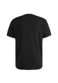 Camiseta negra de manga corta, con cuello redondo, hecha de suave tela de algodón, con un reverso liso sin logotipos ni patrones visibles.