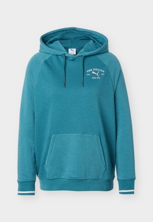 Φούτερ με κουκούλα Teal Puma Athletics με μπροστινή τσέπη, κορδόνια και λευκή επιγραφή λογότυπου στο αριστερό στήθος.