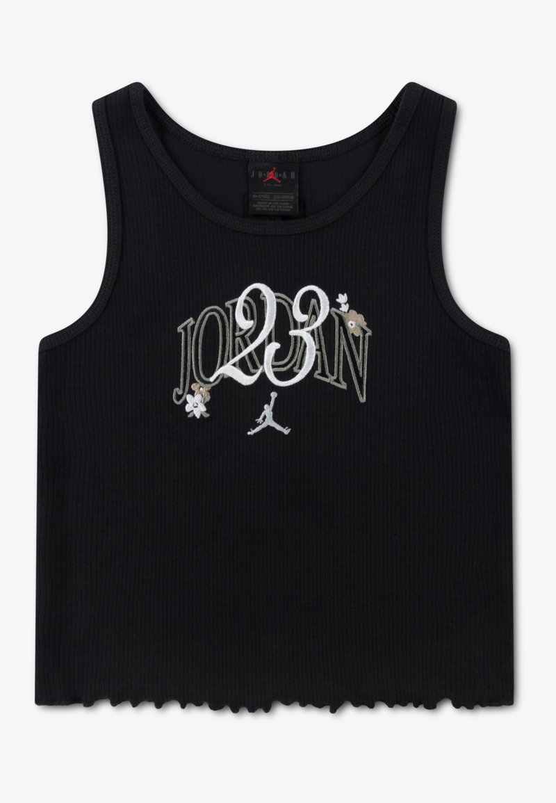 Μαύρο ριμπ τοπ με κέντημα "JORDAN 23" σε λευκό και πράσινο, με λουλουδάτες λεπτομέρειες και άνισο τελείωμα.