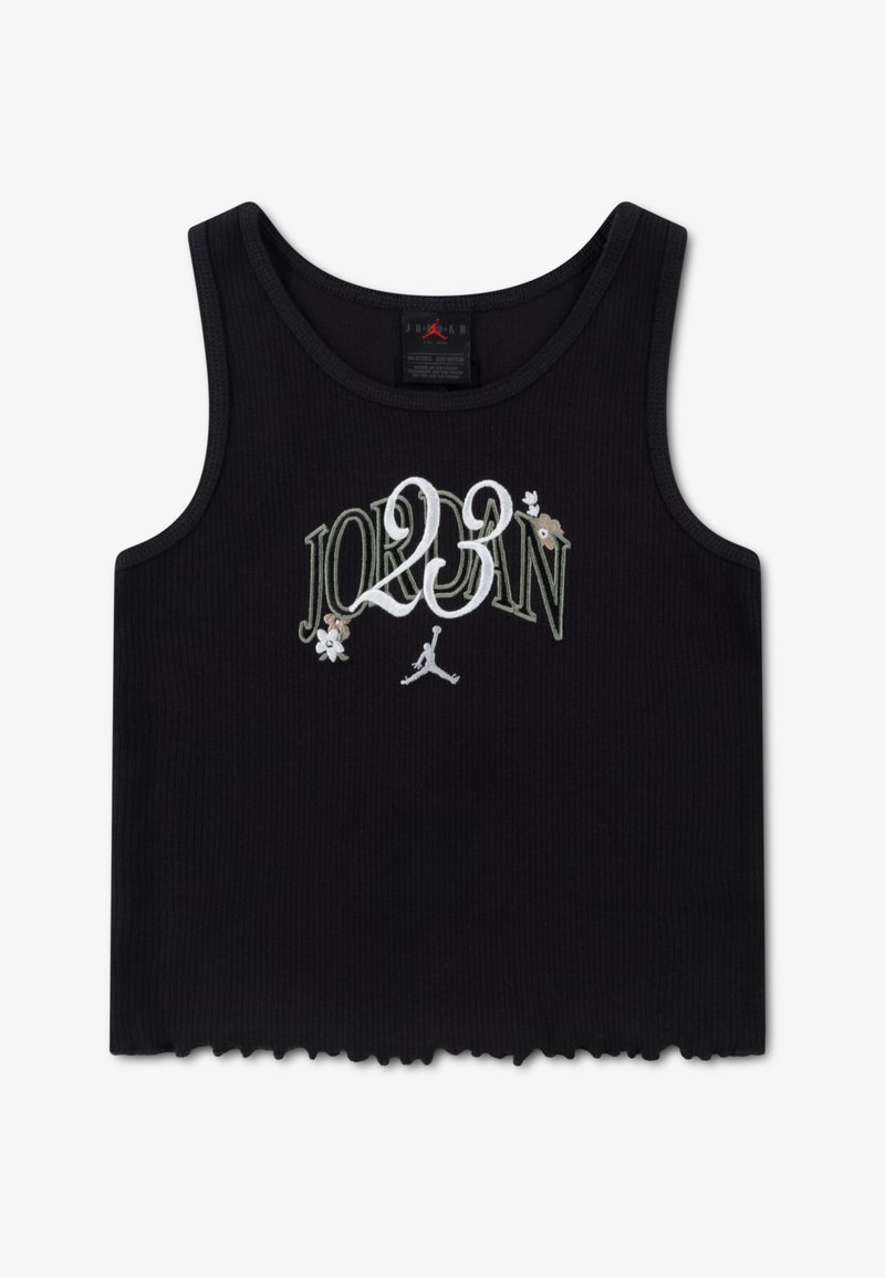 Μαύρο ριμπ τοπ με κέντημα "JORDAN 23" σε λευκό και πράσινο, με λουλουδάτες λεπτομέρειες και άνισο τελείωμα.