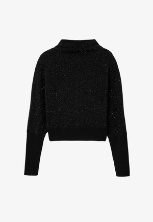 Maglione nero corto con colletto alto, caratterizzato da una superficie testurizzata e glitterata, e maniche lunghe con polsini a coste.
