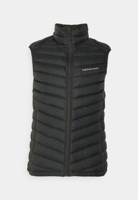 Czarna kamizelka puchowa z wysokim kołnierzem, zamek błyskawiczny z przodu i poziomym pikowaniem. Z logo na lewej piersi. Wykonana z lekkiego materiału.