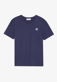 Mörkblå bomulls t-shirt med rund halsringning, korta ärmar och en liten broderad design på bröstet. Slät textur och avslappnad passform.