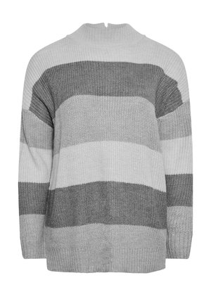 Harmaa raidallinen neulepusero, jossa on korkea kaula, vaihtelevia vaaleanharmaita ja tummanharmaita sävyjä, teksturoitu neulospinta sekä resorikujat ja helma.