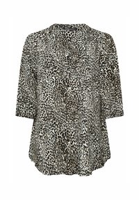 Blusa in stampa leopardo color beige chiaro e nero, con scollatura a V, maniche a tre quarti e un fit morbido con orlo curvo. Tessuto con una texture morbida.