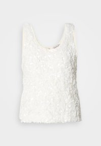 Λευκό αμάνικο τοπ με υφασμένη διακόσμηση από παγιέτες, στρογγυλή λαιμόκοψη και ευθύ τελείωμα, με λείο εσωτερικό επένδυση.