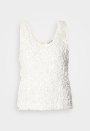 Haut blanc sans manches avec un ornement texturé en sequins, col rond et ourlet droit, doté d'une doublure intérieure lisse.