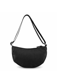 Borsa a spalla in tessuto nero, forma curva, tracolla regolabile, chiusura con zip superiore, texture liscia, design minimalista senza decorazioni.