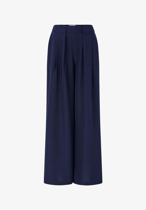 Navy blue wide-leg trousers with front pleats, high waist, and belt loops, displayed on a white background.