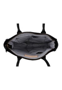 Borsa a mano in pelle nera con chiusura a zip. L'interno presenta una fodera in tessuto a righe, una tasca con zip e due tasche aperte per l'organizzazione.