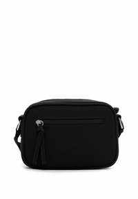 Czarna torba na ramię o gładkiej strukturze, prostokątnym kształcie, regulowanym pasku oraz przedniej kieszeni na zamek z ozdobnym suwakiem.