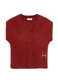 Rød, kortermet genser med V-hals, laget av et mykt materiale, med et brodert "H" på venstre side.