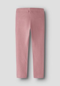 Pink leggings made from soft, stretchy fabric. Features a smooth waistband and closely fitted design. No patterns or embellishments present.