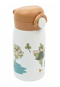 Balta nerūsējošā tērauda pudele ar brūnu plastmasas vāciņu, dekorēta ar ziedu un feju ilustrācijām zaļā un bēšā krāsā. Vāciņš ar nospiežamu pogu, kas nodrošina ērtu piekļuvi.
