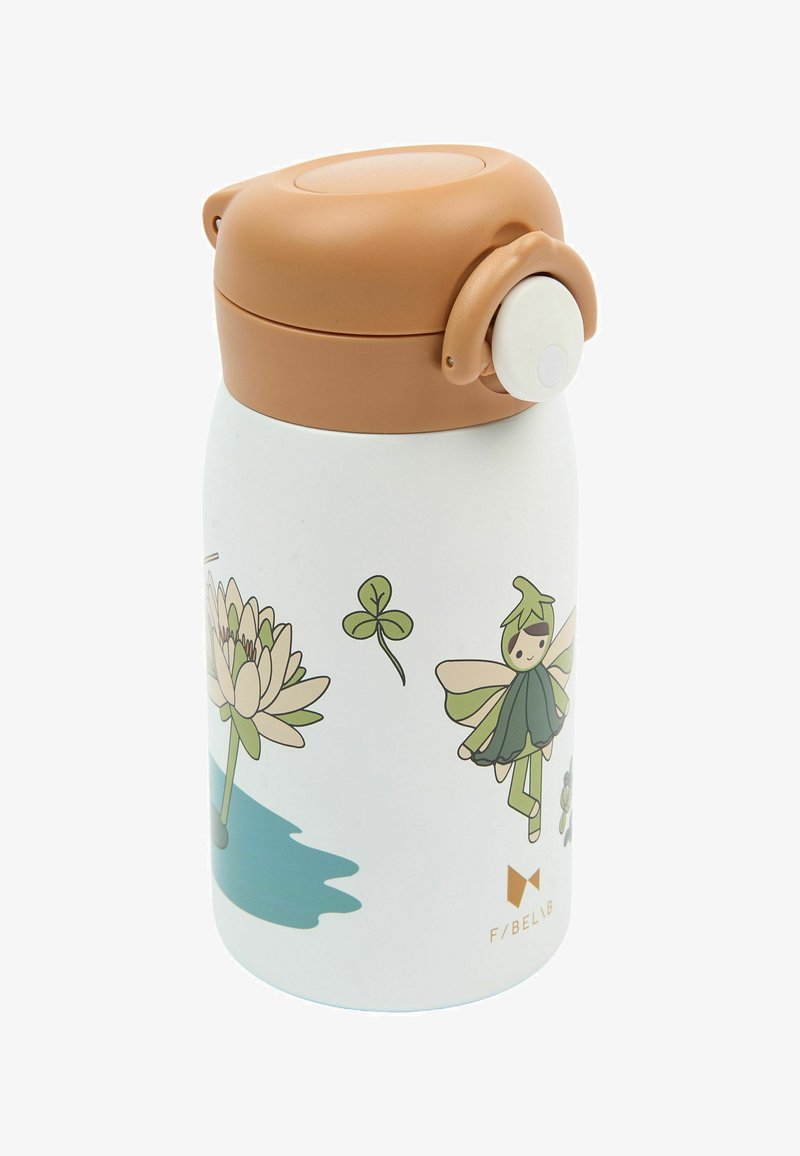 Weiße Edelstahlflasche mit einem braunen Kunststoffdeckel, verziert mit floralen und Feen-Illustrationen in Grün und Beige. Klappdeckel für einfachen Zugriff.