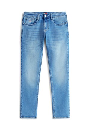 Jean slim bleu clair avec détails délavés, bouton frontal, passants de ceinture et cinq poches, posé à plat sur un fond blanc.