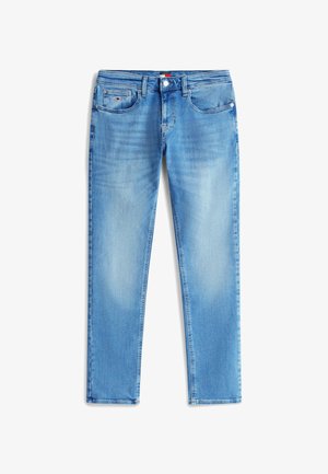 Lyseblå slim-fit jeans med falmede detaljer, frontknap, bæltestropper og fem lommer, lagt fladt på en hvid baggrund.