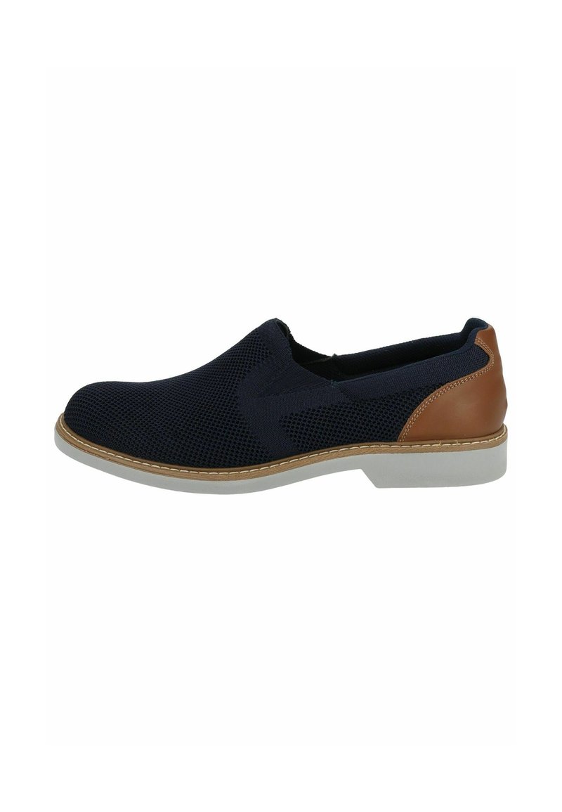 Scarpa slip-on in rete blu con dettagli in pelle marrone, suola bianca e finiture cucite. Design a profilo basso per una facile vestibilità.