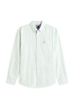 Srajca z dolgimi rokavi, svetlo zelene in bele navpične črte, z zapenjanjem na gumbe, prsni žep in majhen logotip Tommy Hilfiger.