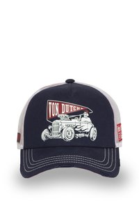 Casquette de baseball bleu marine avec un dos en mesh, arborant un graphique blanc d'une voiture et "VON DUTCH" en rouge. Visière usée avec des coutures blanches.