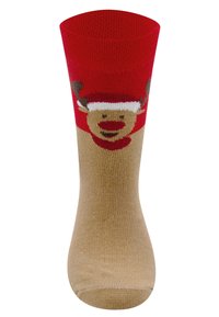 Brown and red sock featuring a reindeer design, soft knit texture, ribbed cuff, and a beige body with contrasting colorful accents.