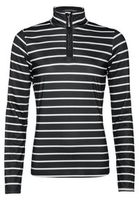 Maglietta nera a maniche lunghe con strisce orizzontali bianche e una corta cerniera sul colletto alto, caratterizzata da una sottile branding sul petto e sul riparo della cerniera.