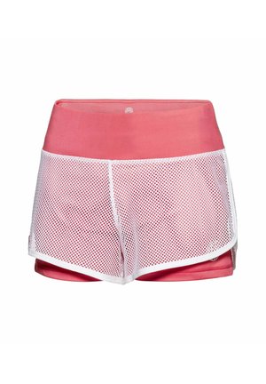 Pantalones cortos deportivos rosas con una cintura ancha y una superposición de malla blanca en las piernas, mostrados sobre un fondo blanco.