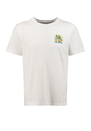 Biała koszulka z krótkim rękawem z małą grafiką tropikalnych owoców i ananasa oraz napisem "Tulum Therapy" na lewej piersi.