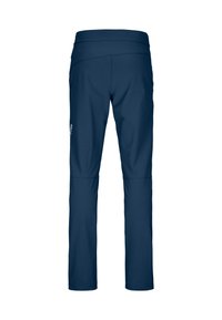 Navy blue, stretchy athletic pants with a wide, smooth waistband and a sleek design, featuring a logo on the lower left side.