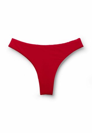 Braguita de bikini para mujer de color rojo con corte de tiro bajo y cintura delgada, mostrada plana sobre un fondo blanco.