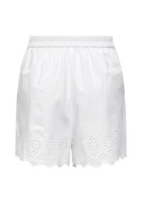 Shorts en coton blancs avec une taille élastique, présentant un ourlet en forme de scallop orné d'une broderie à œillets floraux. Texture douce et design léger.