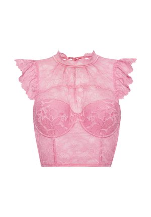 Rosa durchsichtiges Spitzen-Crop-Top mit Blumenmuster, kurzen, gerafften Ärmeln, hohem Ausschnitt und mit Bügeln unterstütztem Bustier.